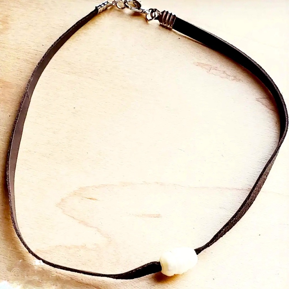 Floating Freshwater Pearl on Brown Choker Necklace